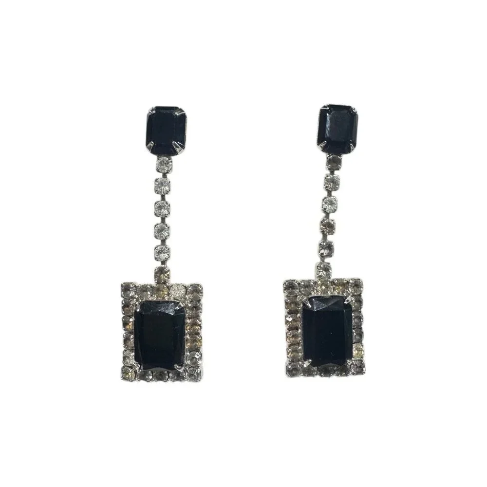 Vintage Art Deco-Style Black & Clear Rhinestone Dangle Earrings - Picture 2 of 6